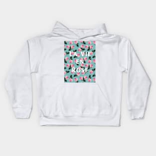 La Vie En Rose - scattered pink vintage roses on turquoise Kids Hoodie